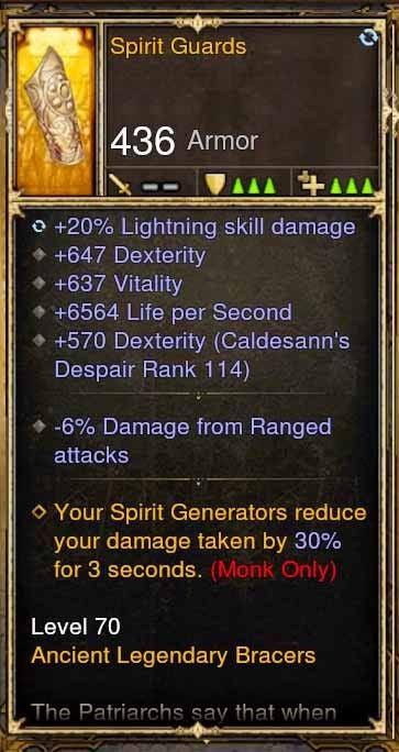 Fake Legit Spirit Guards Bracers 20% Lightning, 647 Dex, 637 Vit, 6564 LPS, -6% From Range Attacks - Diablo 3 Mods Store - Seasonal and non-seasonal - Modded Items and Gear for PlayStation 4, PlayStation 5, Nintendo Switch, and Xbox One