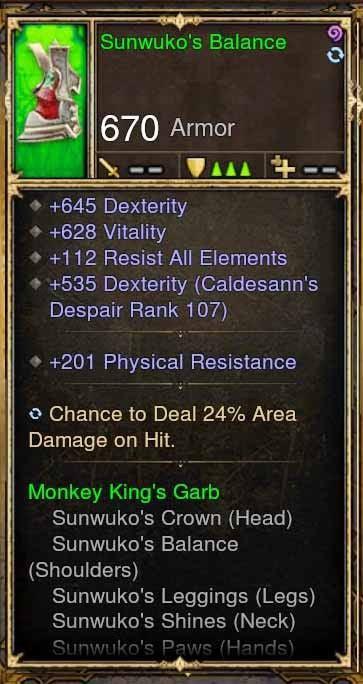 Fake Legit Sunwuko's Balance Shoulders 645 Dex, 628 Vit, 24% Area Damage, 112 All Resist - Diablo 3 Mods Store - Seasonal and non-seasonal - Modded Items and Gear for PlayStation 4, PlayStation 5, Nintendo Switch, and Xbox One