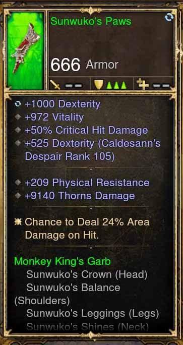 Fake Legit Sunwuko's Paws Gloves 1000 Dex, 972 Vit, 50% CGD, 9140 Thorns - Diablo 3 Mods Store - Seasonal and non-seasonal - Modded Items and Gear for PlayStation 4, PlayStation 5, Nintendo Switch, and Xbox One