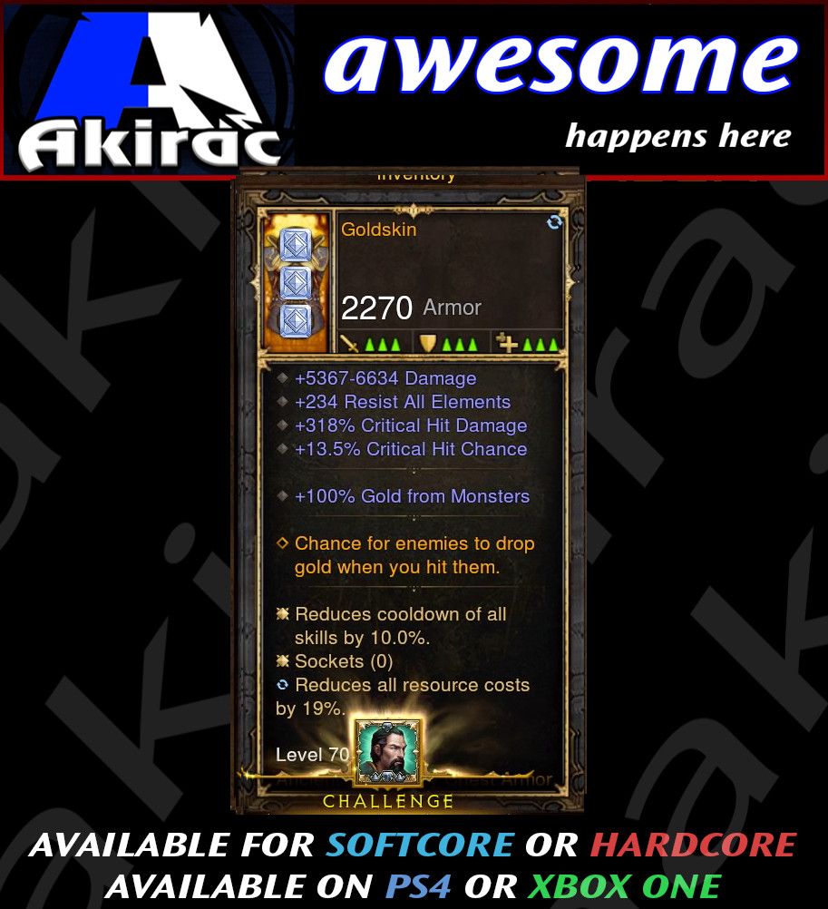 Goldskin Modded Chest Armor 318% CHD / 13.5% CC - Diablo 3 Mods Store - Seasonal and non-seasonal - Modded Items and Gear for PlayStation 4, PlayStation 5, Nintendo Switch, and Xbox One