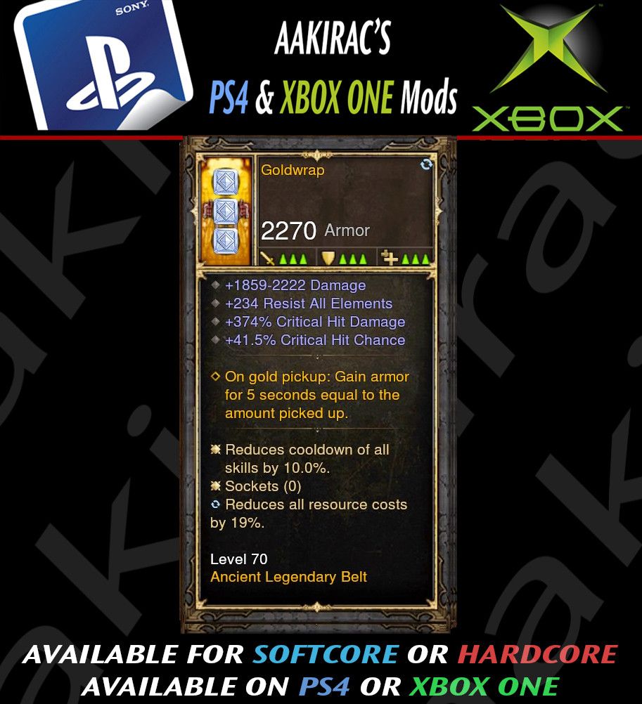 Goldwrap 374% CHD / 41% CC Modded Belt - Diablo 3 Mods Store - Seasonal and non-seasonal - Modded Items and Gear for PlayStation 4, PlayStation 5, Nintendo Switch, and Xbox One