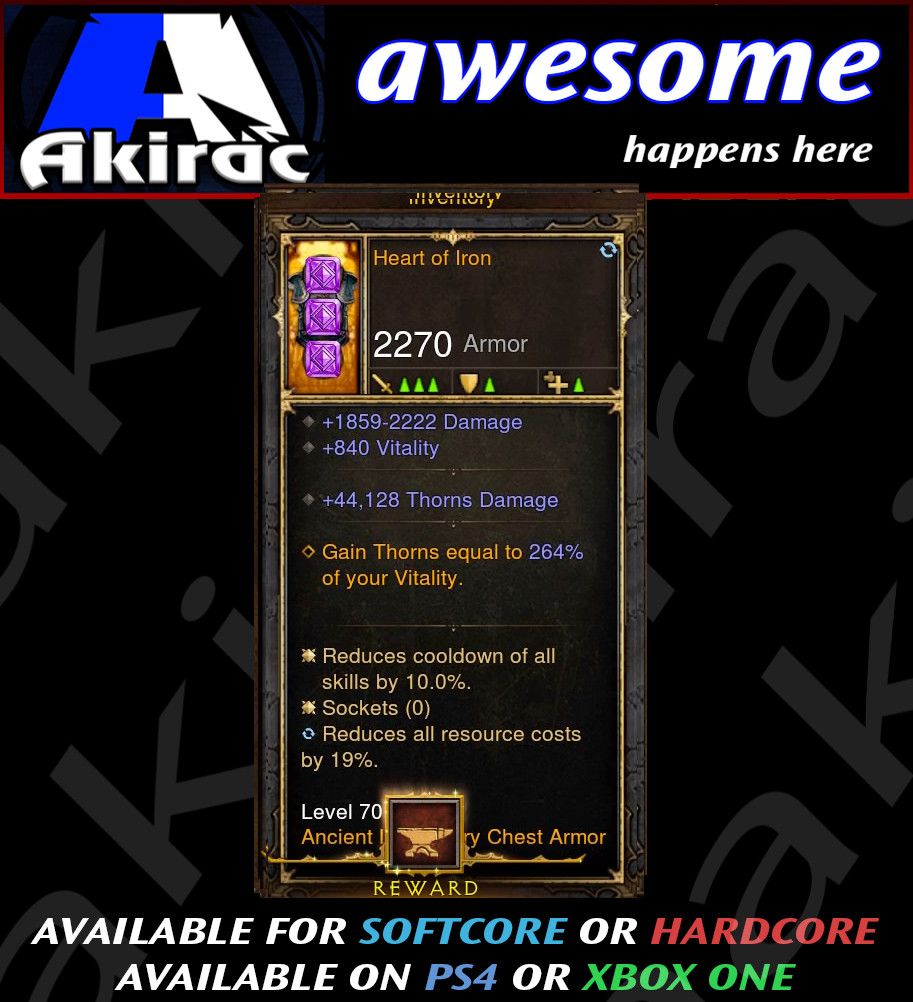 Heart of Iron Modded Chest Armor + 44k Thorns Damage - Diablo 3 Mods Store - Seasonal and non-seasonal - Modded Items and Gear for PlayStation 4, PlayStation 5, Nintendo Switch, and Xbox One