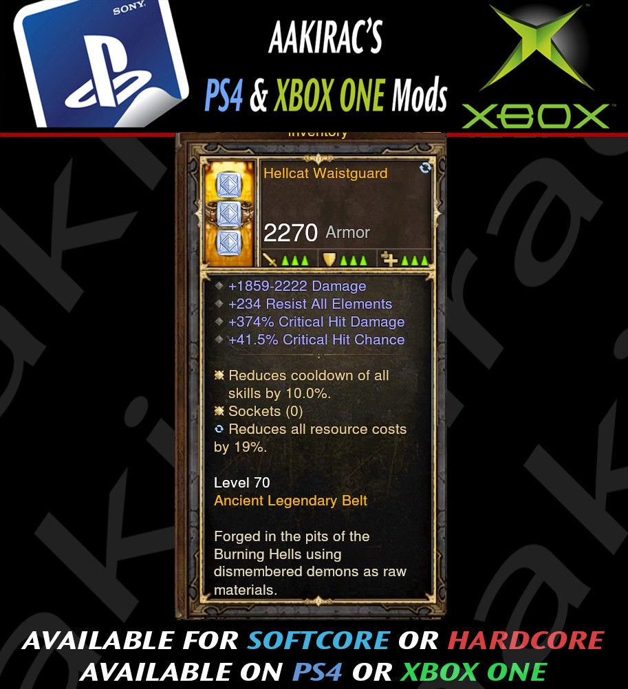 Hellcat Waistguard 374% CHD / 41% CC Modded Belt - Diablo 3 Mods Store - Seasonal and non-seasonal - Modded Items and Gear for PlayStation 4, PlayStation 5, Nintendo Switch, and Xbox One