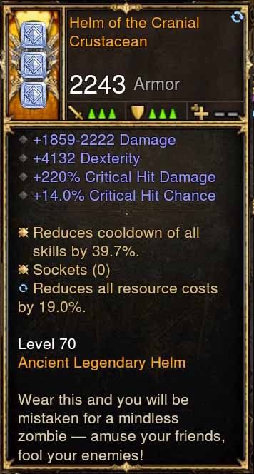 Helm of the Cranial Crustacean 4.1k DEX, 220% CHD, 14% CC (Rare XMOG) Modded Helm - Diablo 3 Mods Store - Seasonal and non-seasonal - Modded Items and Gear for PlayStation 4, PlayStation 5, Nintendo Switch, and Xbox One