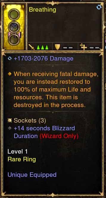 Level 1 Diablo 3 Immortal Modded Ring w/14 Seconds Blizzard Duration (Unsocketed) Breathing - Diablo 3 Mods Store - Seasonal and non-seasonal - Modded Items and Gear for PlayStation 4, PlayStation 5, Nintendo Switch, and Xbox One