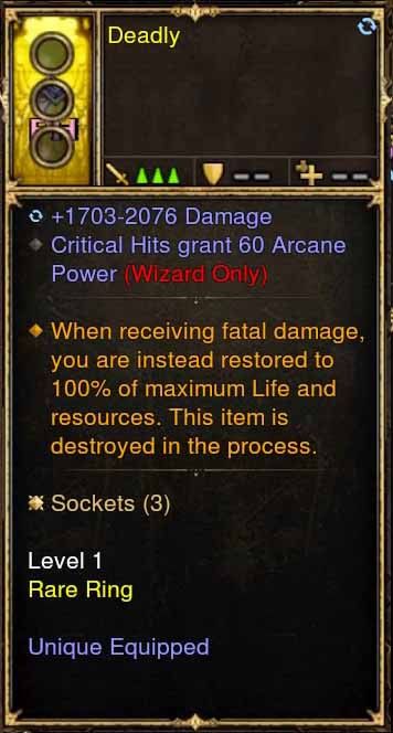 Level 1 Diablo 3 Immortal Modded Ring Crits Grant 60 Arcane Power (Unsocketed) Deadly - Diablo 3 Mods Store - Seasonal and non-seasonal - Modded Items and Gear for PlayStation 4, PlayStation 5, Nintendo Switch, and Xbox One