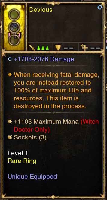 Level 1 Diablo 3 Immortal Modded Ring +1103 Maximum Mana (Unsocketed) Devious - Diablo 3 Mods Store - Seasonal and non-seasonal - Modded Items and Gear for PlayStation 4, PlayStation 5, Nintendo Switch, and Xbox One