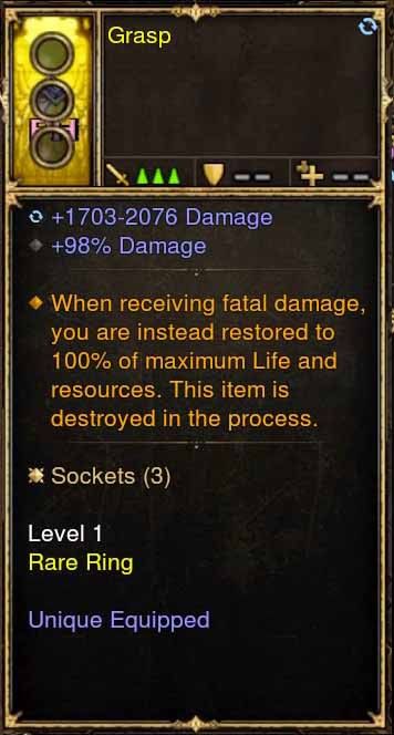 Level 1 Diablo 3 Immortal Modded Ring +98% Damage (Unsocketed) Grasp - Diablo 3 Mods Store - Seasonal and non-seasonal - Modded Items and Gear for PlayStation 4, PlayStation 5, Nintendo Switch, and Xbox One