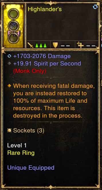 Level 1 Diablo 3 Immortal Modded Ring 19.1 Spirit Per Second (Unsocketed) Highlander's - Diablo 3 Mods Store - Seasonal and non-seasonal - Modded Items and Gear for PlayStation 4, PlayStation 5, Nintendo Switch, and Xbox One