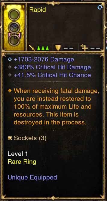 Level 1 Diablo 3 Immortal Modded Ring 383% CHD, 41% CC (Unsocketed) Rapid - Diablo 3 Mods Store - Seasonal and non-seasonal - Modded Items and Gear for PlayStation 4, PlayStation 5, Nintendo Switch, and Xbox One