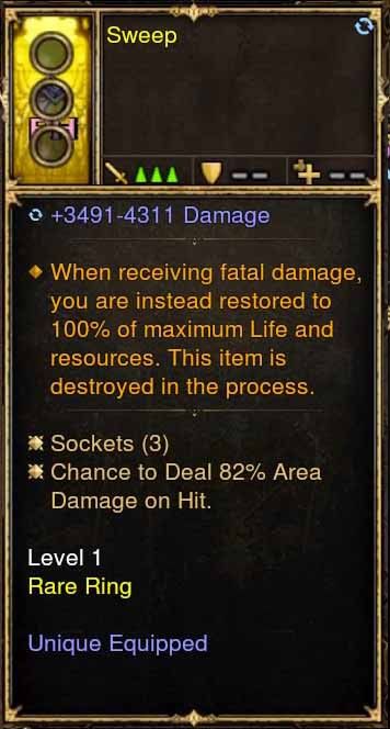 Level 1 Diablo 3 Immortal Modded Ring 82% Chance to Area Damage (Unsocketed) Sweep - Diablo 3 Mods Store - Seasonal and non-seasonal - Modded Items and Gear for PlayStation 4, PlayStation 5, Nintendo Switch, and Xbox One