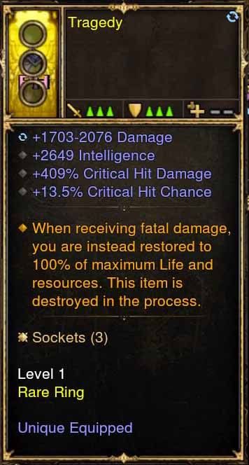 Level 1 Diablo 3 Immortal Modded Ring 2.6k INT, 409% CHD, 13.5% CC (Unsocketed) Tradegy - Diablo 3 Mods Store - Seasonal and non-seasonal - Modded Items and Gear for PlayStation 4, PlayStation 5, Nintendo Switch, and Xbox One
