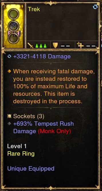 Level 1 Diablo 3 Immortal Modded Ring 3.3k-4.1k Damage, +693% Tempest Rush Damage (Unsocketed) Trek - Diablo 3 Mods Store - Seasonal and non-seasonal - Modded Items and Gear for PlayStation 4, PlayStation 5, Nintendo Switch, and Xbox One