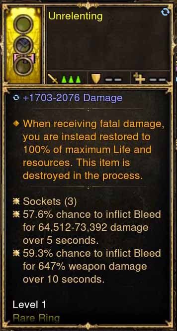Level 1 Diablo 3 Immortal Modded Ring 57% + 59% Bleed Damage (Unsocketed) Unrelenting - Diablo 3 Mods Store - Seasonal and non-seasonal - Modded Items and Gear for PlayStation 4, PlayStation 5, Nintendo Switch, and Xbox One