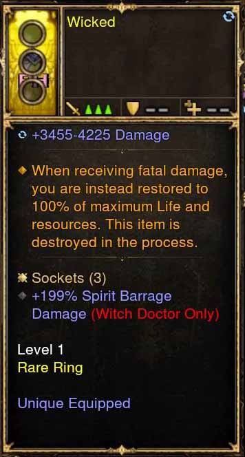 Level 1 Diablo 3 Immortal Modded Ring 3.4k-4.2k Damage, +199% Spirit Barrage Damage (Unsocketed) Wicked - Diablo 3 Mods Store - Seasonal and non-seasonal - Modded Items and Gear for PlayStation 4, PlayStation 5, Nintendo Switch, and Xbox One