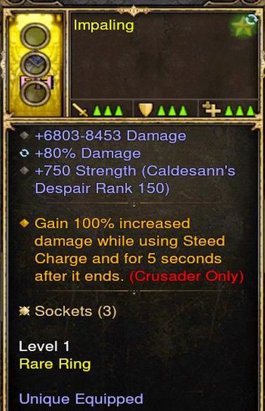 Gain 100% Damage while using Steed Crusader Modded Ring (Unsocketed) Impaling - Diablo 3 Mods Store - Seasonal and non-seasonal - Modded Items and Gear for PlayStation 4, PlayStation 5, Nintendo Switch, and Xbox One