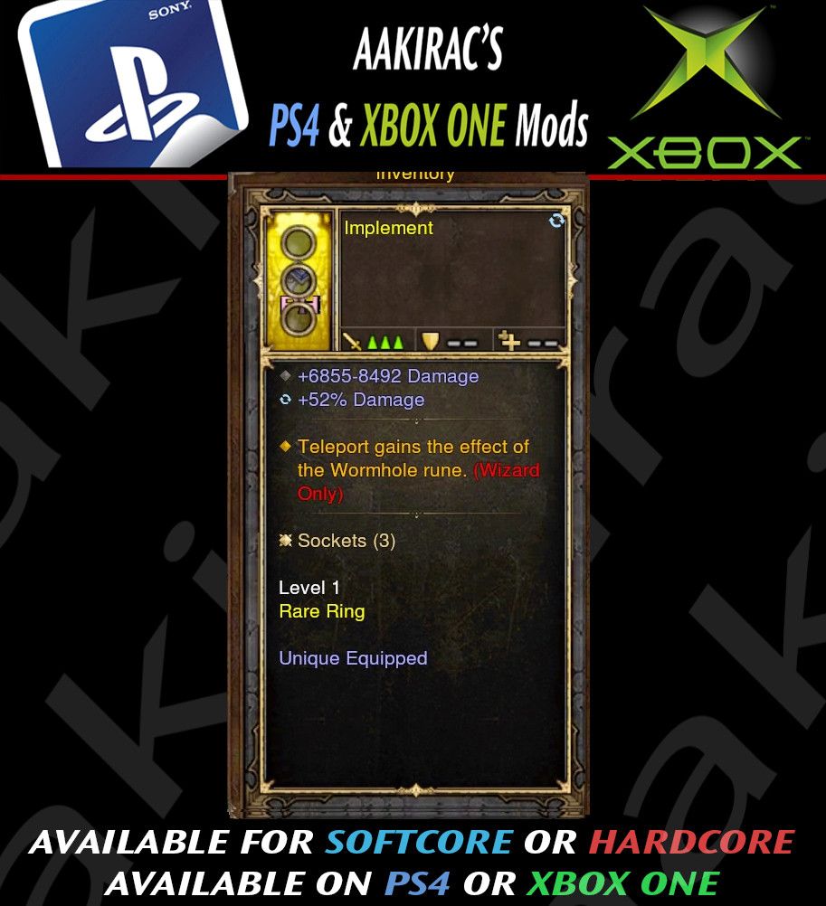 Teleport gains wormhole rune Wizard Modded Ring (Unsocketed) Implement - Diablo 3 Mods Store - Seasonal and non-seasonal - Modded Items and Gear for PlayStation 4, PlayStation 5, Nintendo Switch, and Xbox One