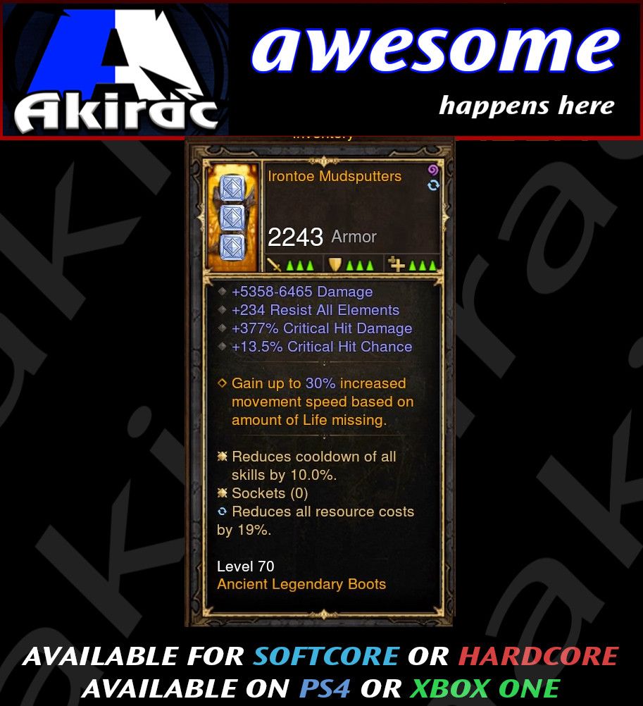 Irontoe Mudsputters 377% CHD / 13% CC Modded Boots - Diablo 3 Mods Store - Seasonal and non-seasonal - Modded Items and Gear for PlayStation 4, PlayStation 5, Nintendo Switch, and Xbox One