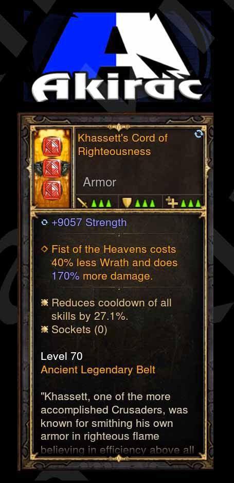 Khassett's Cord of Righteousness 9k Str, 27% CDR, Perfect 170% FOH Damage p4.2.2 Modded Belt - Diablo 3 Mods Store - Seasonal and non-seasonal - Modded Items and Gear for PlayStation 4, PlayStation 5, Nintendo Switch, and Xbox One