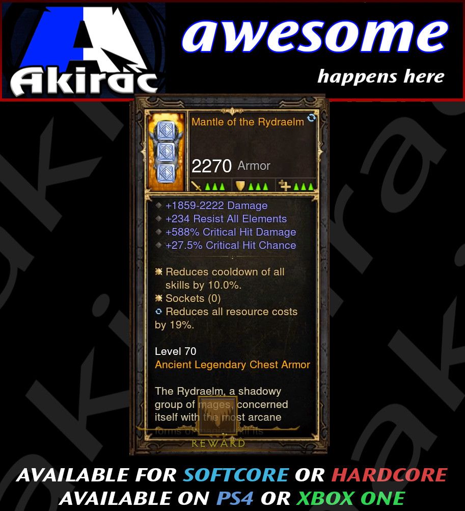 Mantle of Rydraelm Modded Chest Armor 588% CHD / 27% CC - Diablo 3 Mods Store - Seasonal and non-seasonal - Modded Items and Gear for PlayStation 4, PlayStation 5, Nintendo Switch, and Xbox One