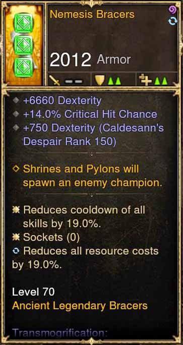 Nemesis Bracers 6.6k Dex, 14 CC, 19 CDR, 19 RR - Diablo 3 Mods Store - Seasonal and non-seasonal - Modded Items and Gear for PlayStation 4, PlayStation 5, Nintendo Switch, and Xbox One
