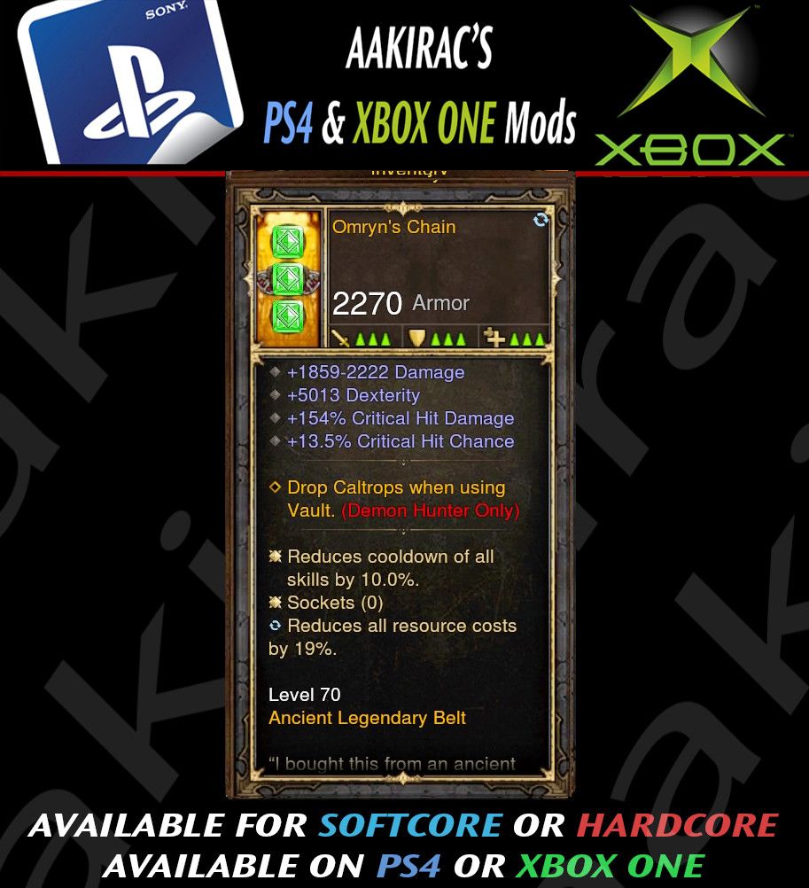 Omryns Chain Demon Hunter Modded Belt - Diablo 3 Mods Store - Seasonal and non-seasonal - Modded Items and Gear for PlayStation 4, PlayStation 5, Nintendo Switch, and Xbox One