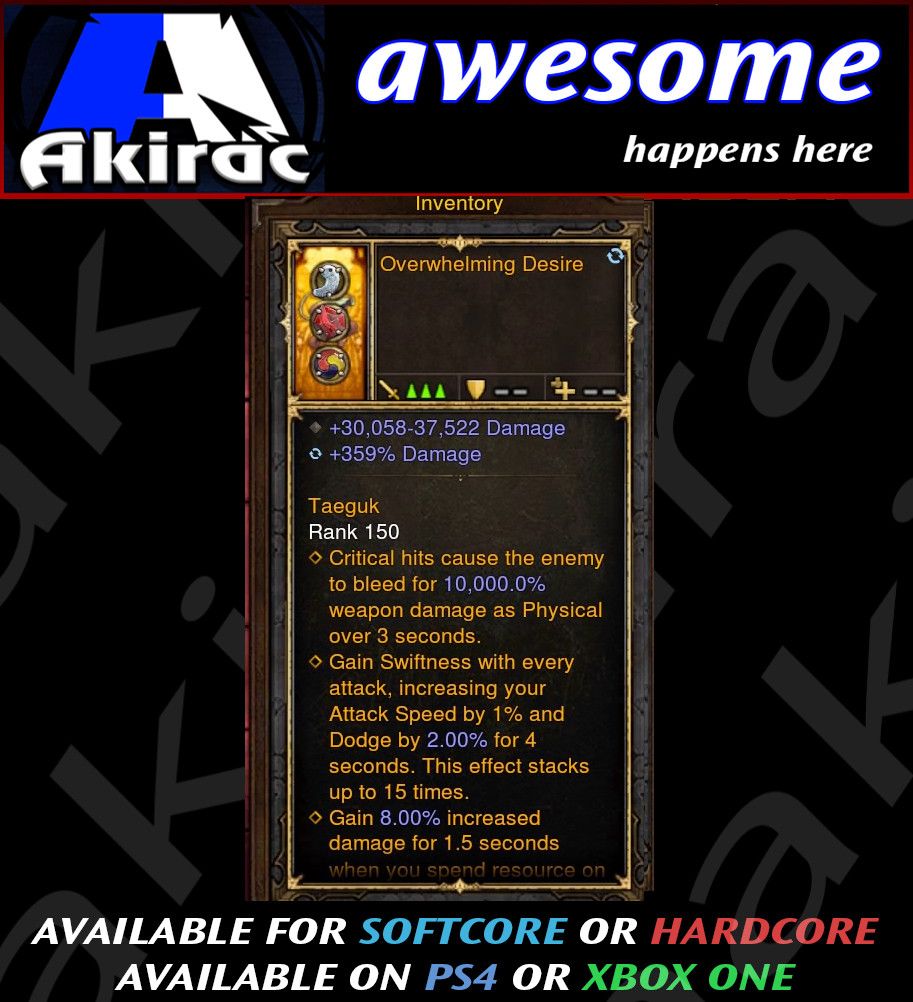 Overwhelming Desire 359% Damage +30-37k Black Damage Modded Amulet - Diablo 3 Mods Store - Seasonal and non-seasonal - Modded Items and Gear for PlayStation 4, PlayStation 5, Nintendo Switch, and Xbox One