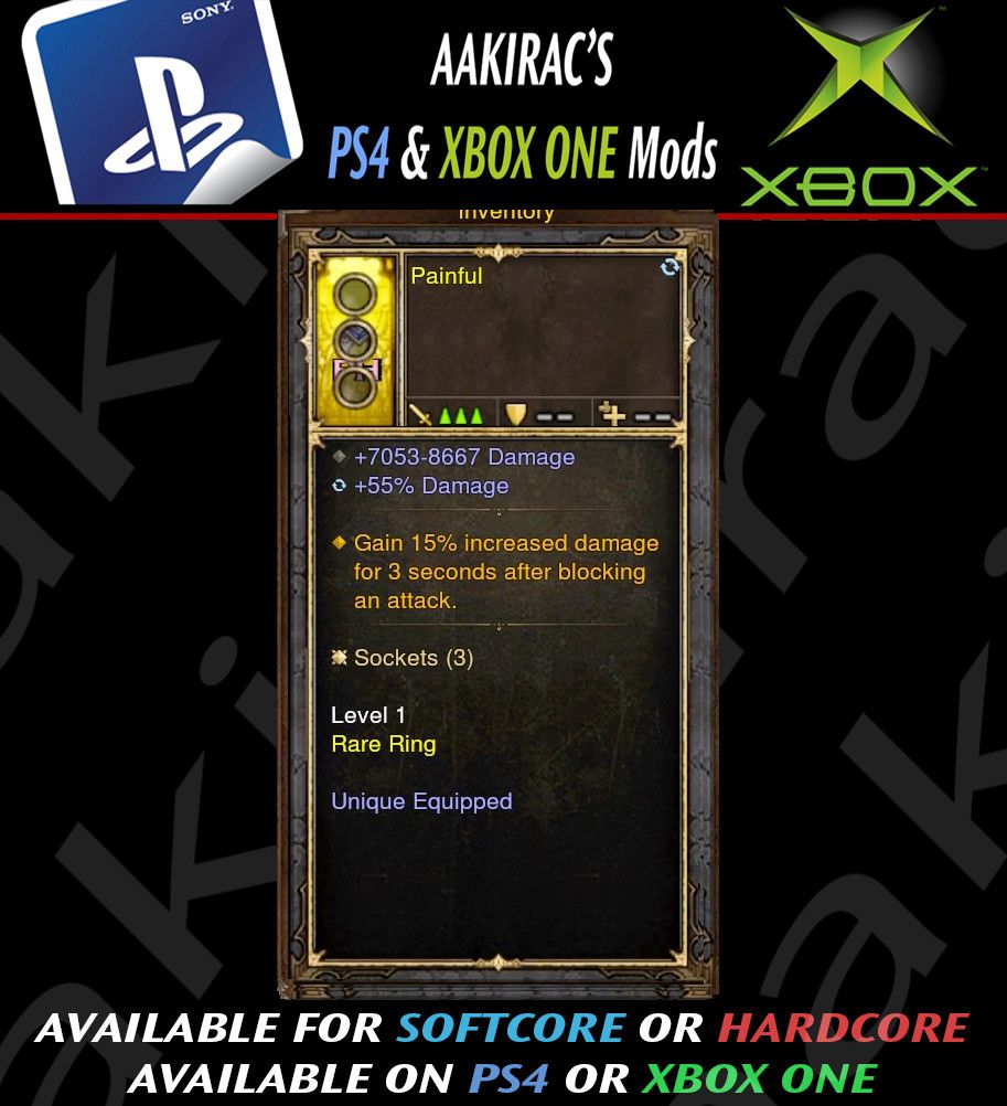 Gain 15% Damage after Blocking Modded Ring (Unsocketed) Painful - Diablo 3 Mods Store - Seasonal and non-seasonal - Modded Items and Gear for PlayStation 4, PlayStation 5, Nintendo Switch, and Xbox One