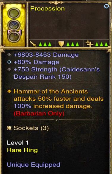 Hammer of Ancients Faster Attacks 100% Damage Barbarian Modded Ring (Unsocketed) Procession - Diablo 3 Mods Store - Seasonal and non-seasonal - Modded Items and Gear for PlayStation 4, PlayStation 5, Nintendo Switch, and Xbox One
