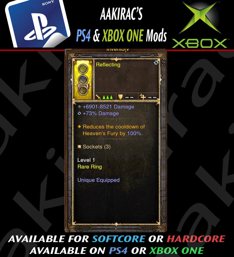 Ps4 Diablo 3 Mods Xbox One - Removes Cooldown of Heaven's Fury Crusader Modded Ring (Unsocketed) Reflecting - Diablo 3 Mods Store - Seasonal and non-seasonal - Modded Items and Gear for PlayStation 4, PlayStation 5, Nintendo Switch, and Xbox One