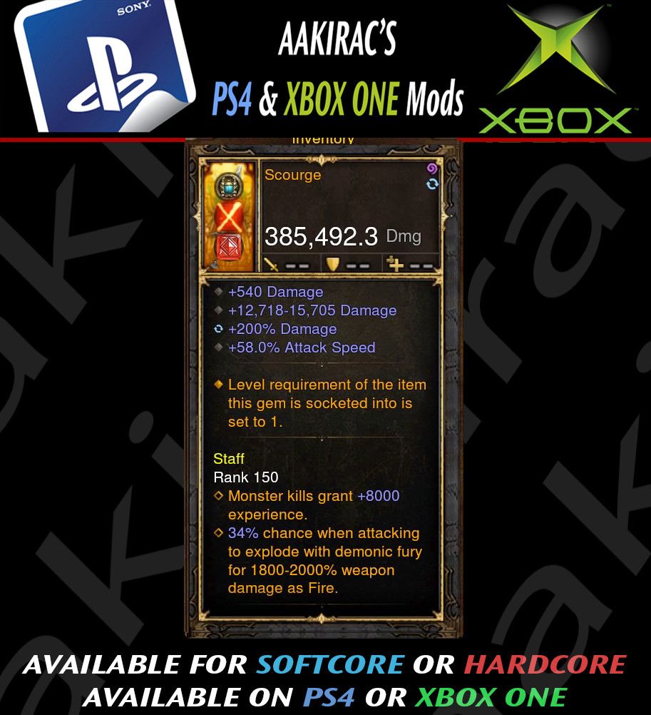 Ps4 Diablo 3 Mods Xbox One - Scourge 385k Modded Weapon - Diablo 3 Mods Store - Seasonal and non-seasonal - Modded Items and Gear for PlayStation 4, PlayStation 5, Nintendo Switch, and Xbox One