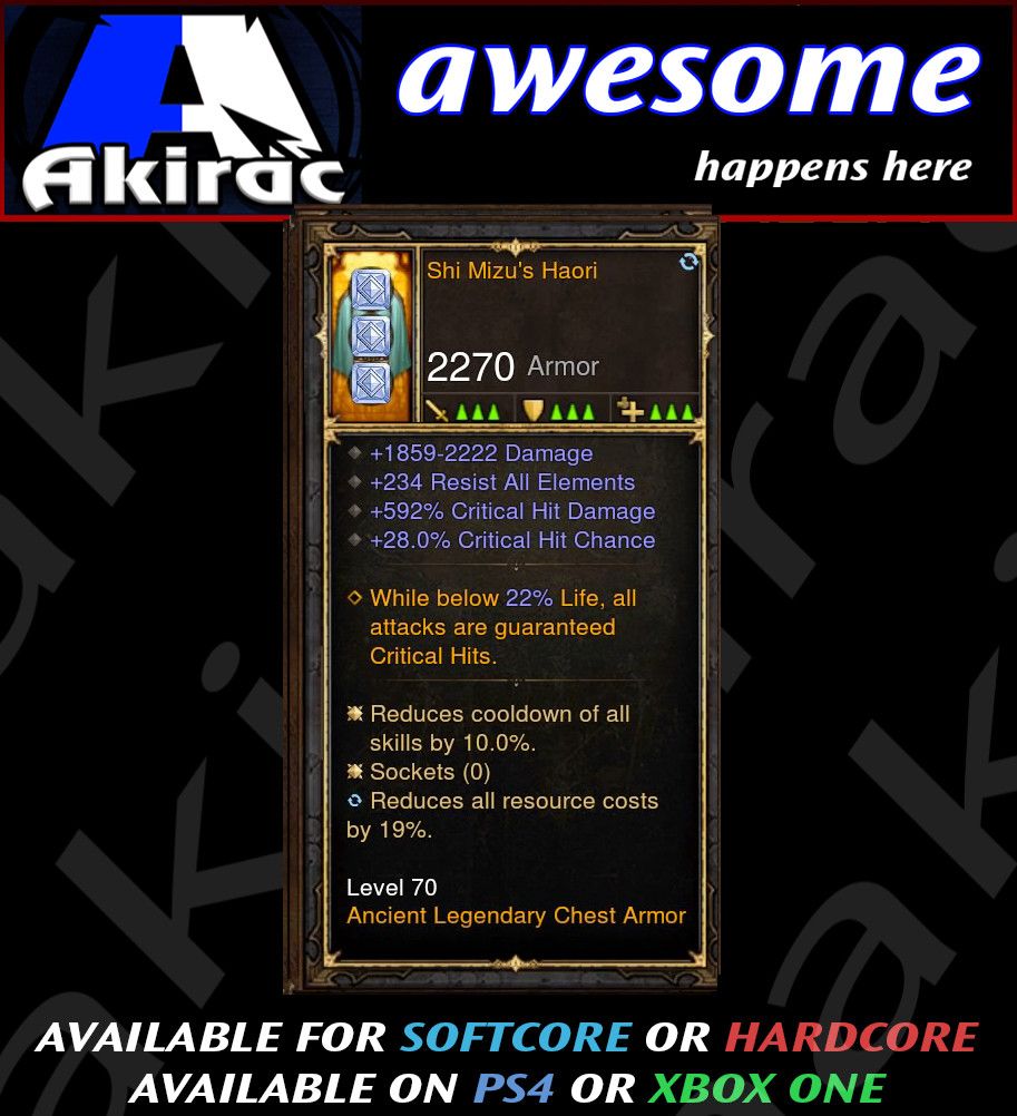 Shi Mizu's Haori Modded Chest Armor 592% CHD / 28% CC - Diablo 3 Mods Store - Seasonal and non-seasonal - Modded Items and Gear for PlayStation 4, PlayStation 5, Nintendo Switch, and Xbox One