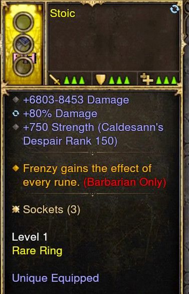 Frenzy Gains Every Rune Barbarian Modded Ring (Unsocketed) Stoic - Diablo 3 Mods Store - Seasonal and non-seasonal - Modded Items and Gear for PlayStation 4, PlayStation 5, Nintendo Switch, and Xbox One