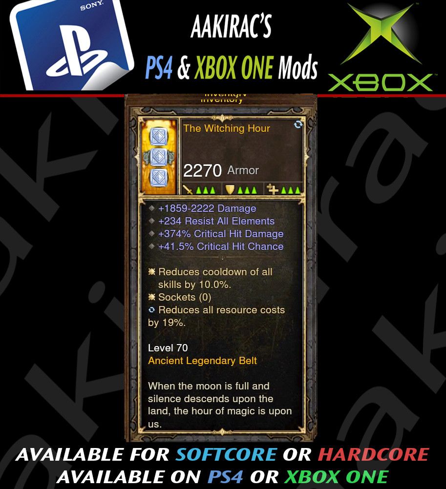 Ps4 Diablo 3 Mods Xbox One - Witching Hour 374% CHD / 41% CC Modded Belt - Diablo 3 Mods Store - Seasonal and non-seasonal - Modded Items and Gear for PlayStation 4, PlayStation 5, Nintendo Switch, and Xbox One