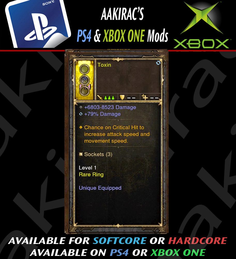 Critical Hit to Increase Movement Speed and IAS Modded Ring (Unsocketed) Toxin - Diablo 3 Mods Store - Seasonal and non-seasonal - Modded Items and Gear for PlayStation 4, PlayStation 5, Nintendo Switch, and Xbox One