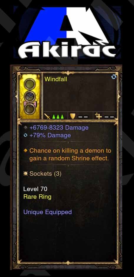 Chance of killing a Demon gives a Random Shrine Effect Modded Ring (Unsocketed) Windfall - Diablo 3 Mods Store - Seasonal and non-seasonal - Modded Items and Gear for PlayStation 4, PlayStation 5, Nintendo Switch, and Xbox One