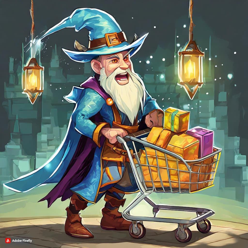 Diablo 3 wizard character holdng a shoppng cart full of mods and goods