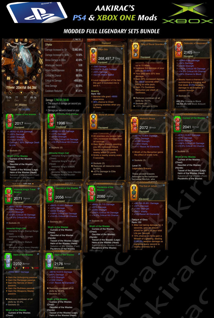 Bundled Deal #1: 4x MODDED Classes 56x Items Total - Barbarian, Demon Hunter, Monk, Witch Doctor-Diablo 3 Mods - Playstation 4, Xbox One, Nintendo Switch