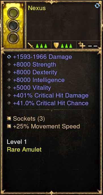 2.5.0 Level 1 Amulet Nexus 401% CHD, 41% CC, Movement Speed + More (Unsocketed) Diablo 3 Mods ROS Seasonal and Non Seasonal Save Mod - Modded Items and Gear - Hacks - Cheats - Trainers for Playstation 4 - Playstation 5 - Nintendo Switch - Xbox One