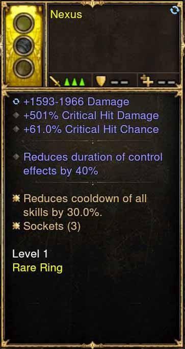 2.5.0 Level 1 Ring Nexus 501% CHD, 61% CC + More (Unsocketed) Diablo 3 Mods ROS Seasonal and Non Seasonal Save Mod - Modded Items and Gear - Hacks - Cheats - Trainers for Playstation 4 - Playstation 5 - Nintendo Switch - Xbox One