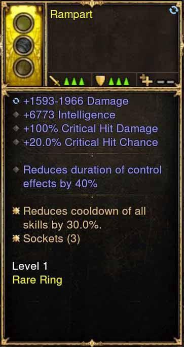 2.5.0 Level 1 Ring Rampart 6.7k INT, 100% CHD, 20% CC + More (Unsocketed) Diablo 3 Mods ROS Seasonal and Non Seasonal Save Mod - Modded Items and Gear - Hacks - Cheats - Trainers for Playstation 4 - Playstation 5 - Nintendo Switch - Xbox One