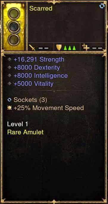2.5.0 Level 1 Amulet Scarred 16k STR, Movement Speed + More (Unsocketed) Diablo 3 Mods ROS Seasonal and Non Seasonal Save Mod - Modded Items and Gear - Hacks - Cheats - Trainers for Playstation 4 - Playstation 5 - Nintendo Switch - Xbox One