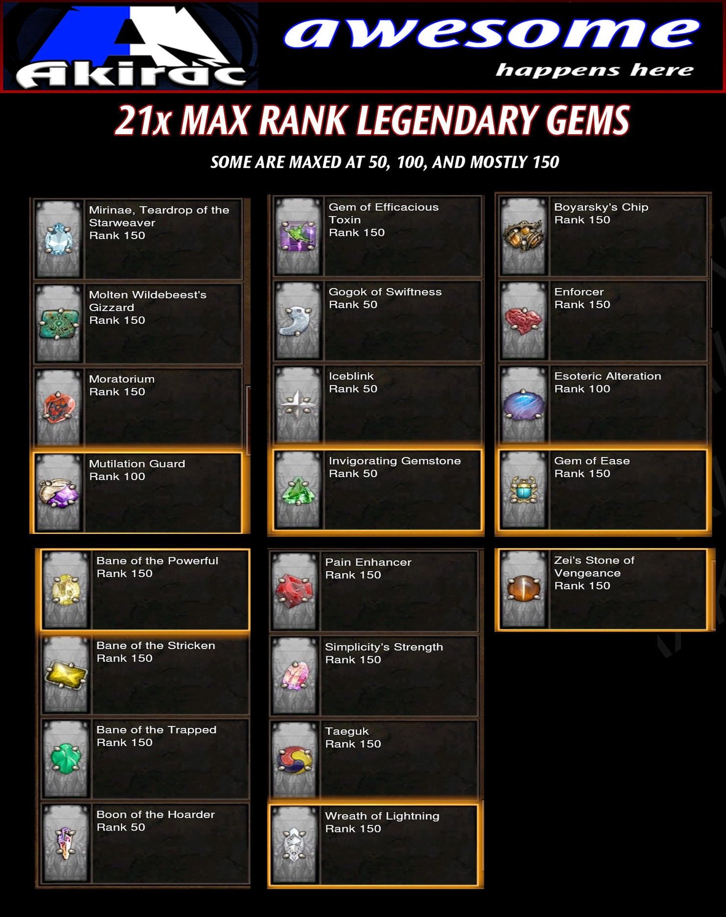 21x Legendary Gems (Max Rank, Unmodded) Diablo 3 Mods ROS Seasonal and Non Seasonal Save Mod - Modded Items and Gear - Hacks - Cheats - Trainers for Playstation 4 - Playstation 5 - Nintendo Switch - Xbox One