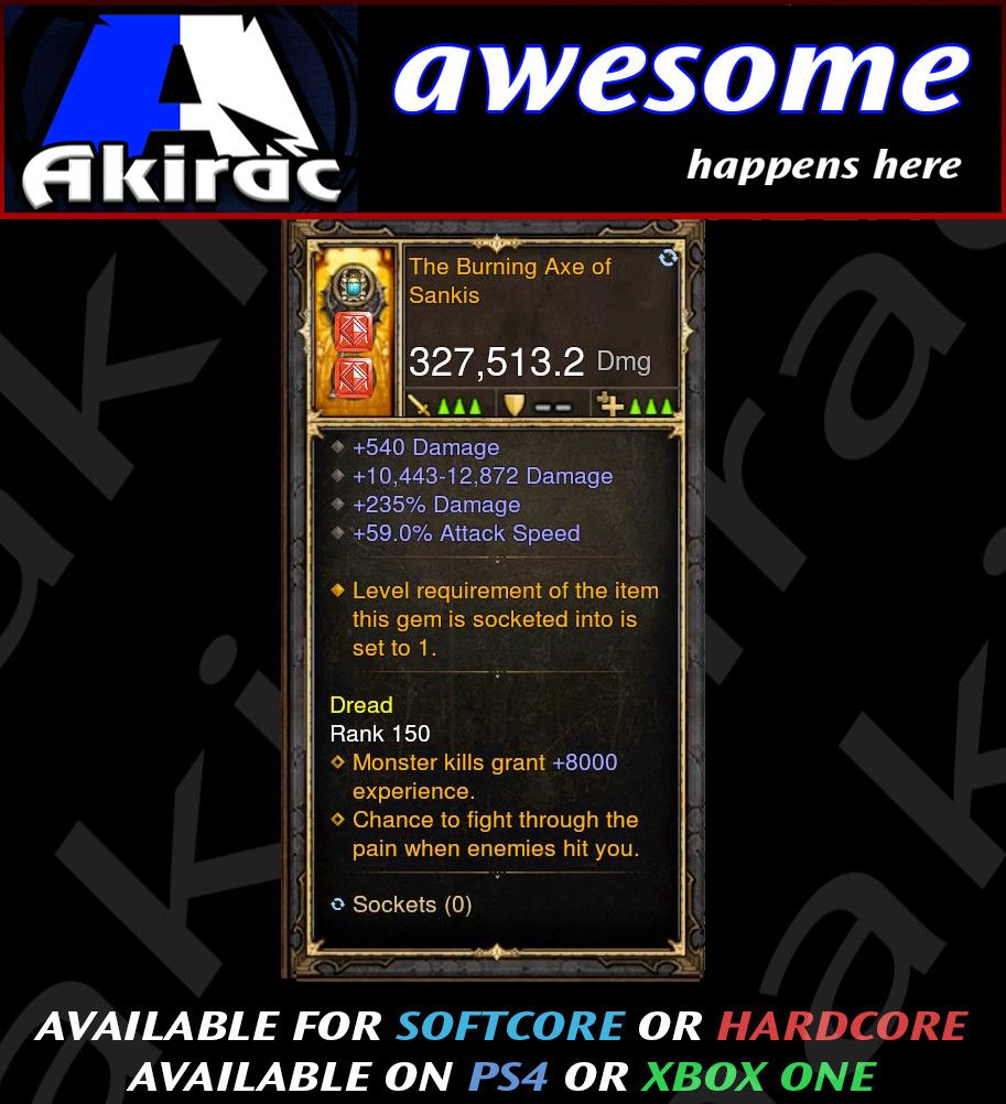 Burning Axe of Sankis 327k Modded Weapon Diablo 3 Mods ROS Seasonal and Non Seasonal Save Mod - Modded Items and Gear - Hacks - Cheats - Trainers for Playstation 4 - Playstation 5 - Nintendo Switch - Xbox One