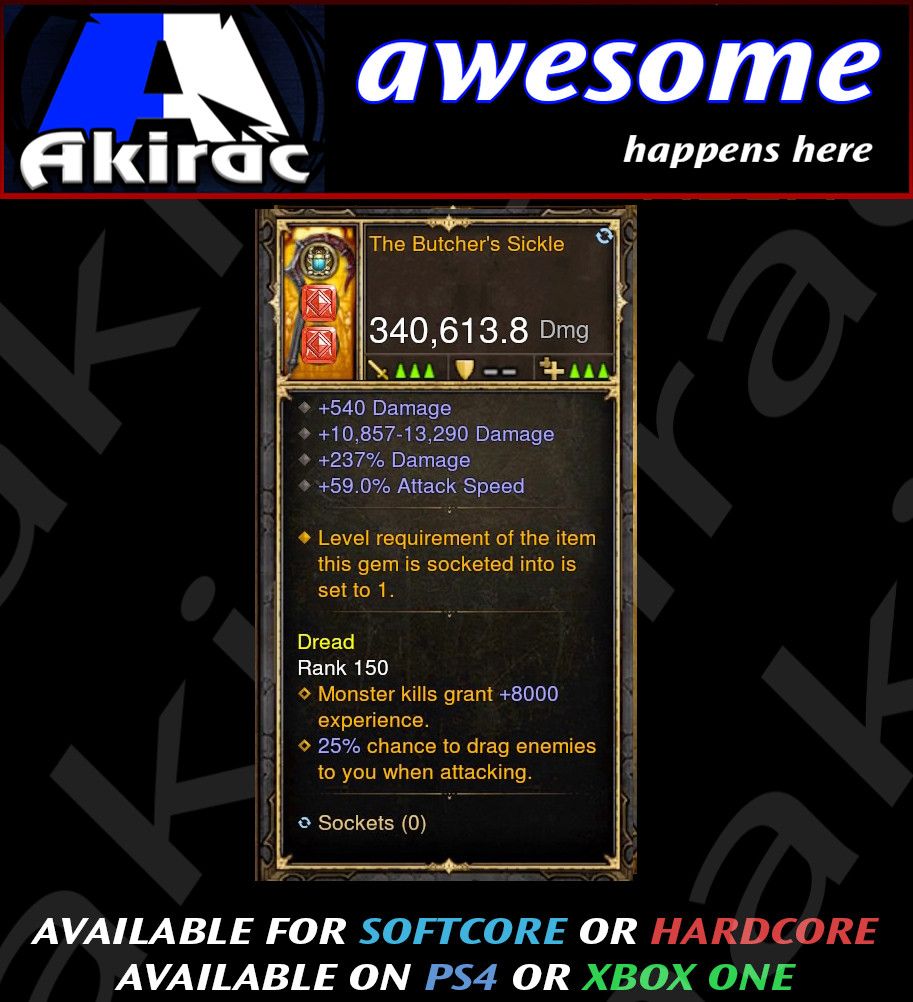 Butcher's Sickle 340k Modded Weapon Diablo 3 Mods ROS Seasonal and Non Seasonal Save Mod - Modded Items and Gear - Hacks - Cheats - Trainers for Playstation 4 - Playstation 5 - Nintendo Switch - Xbox One