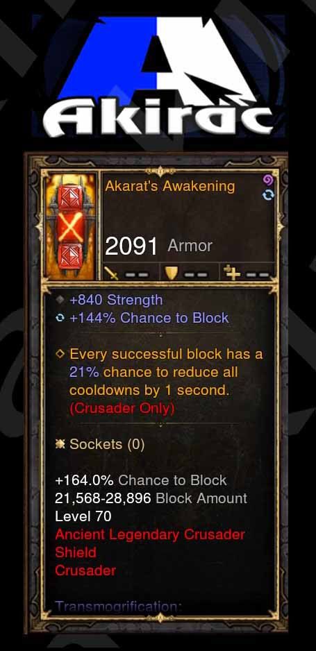 Akarat's Awakening w/ 144% Block Chance Modded Shield Crusader Diablo 3 Mods ROS Seasonal and Non Seasonal Save Mod - Modded Items and Gear - Hacks - Cheats - Trainers for Playstation 4 - Playstation 5 - Nintendo Switch - Xbox One