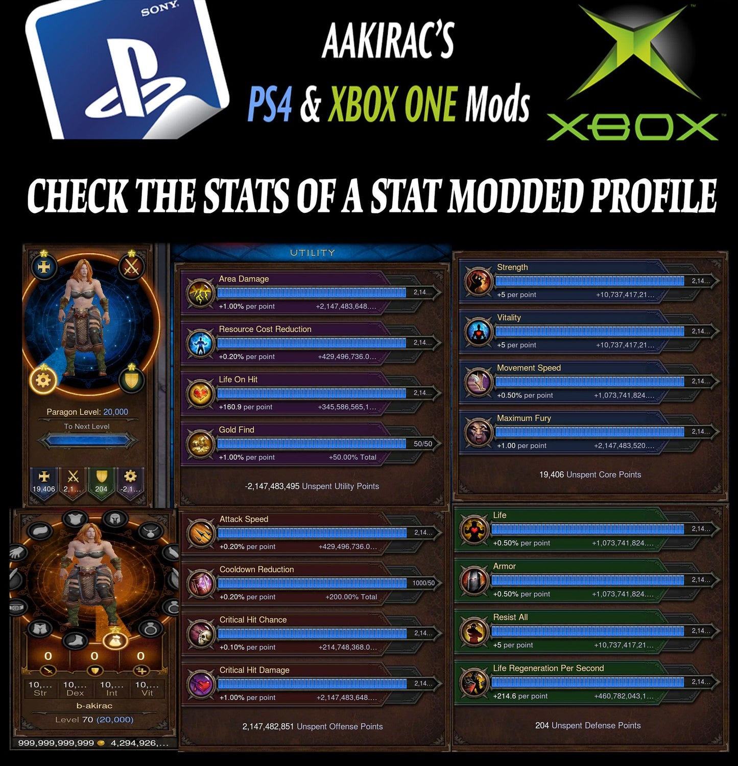 2x EXTREME Stat Modded Characters w/ Materials and Pets Bundle Diablo 3 Mods ROS Seasonal and Non Seasonal Save Mod - Modded Items and Gear - Hacks - Cheats - Trainers for Playstation 4 - Playstation 5 - Nintendo Switch - Xbox One