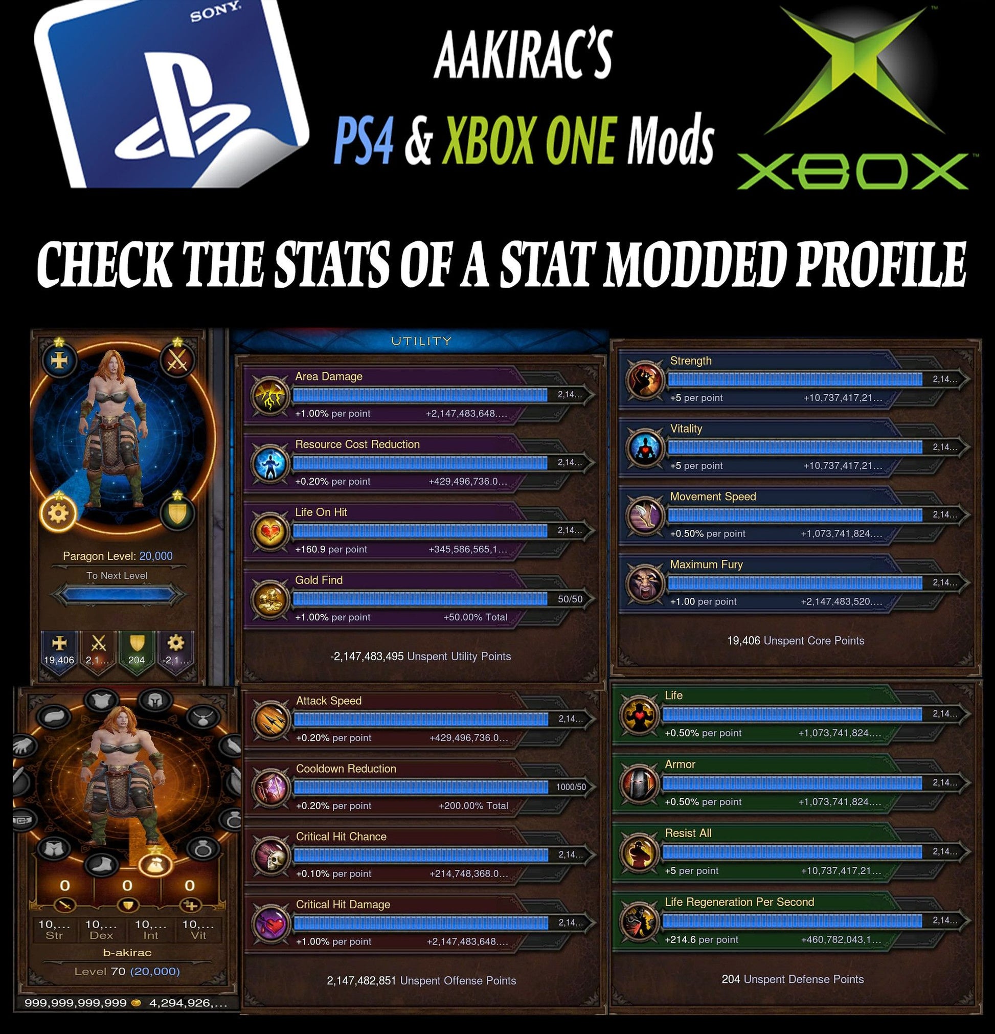 12x EXTREME Stat Modded Characters w/ Materials and Pets Bundle Diablo 3 Mods ROS Seasonal and Non Seasonal Save Mod - Modded Items and Gear - Hacks - Cheats - Trainers for Playstation 4 - Playstation 5 - Nintendo Switch - Xbox One