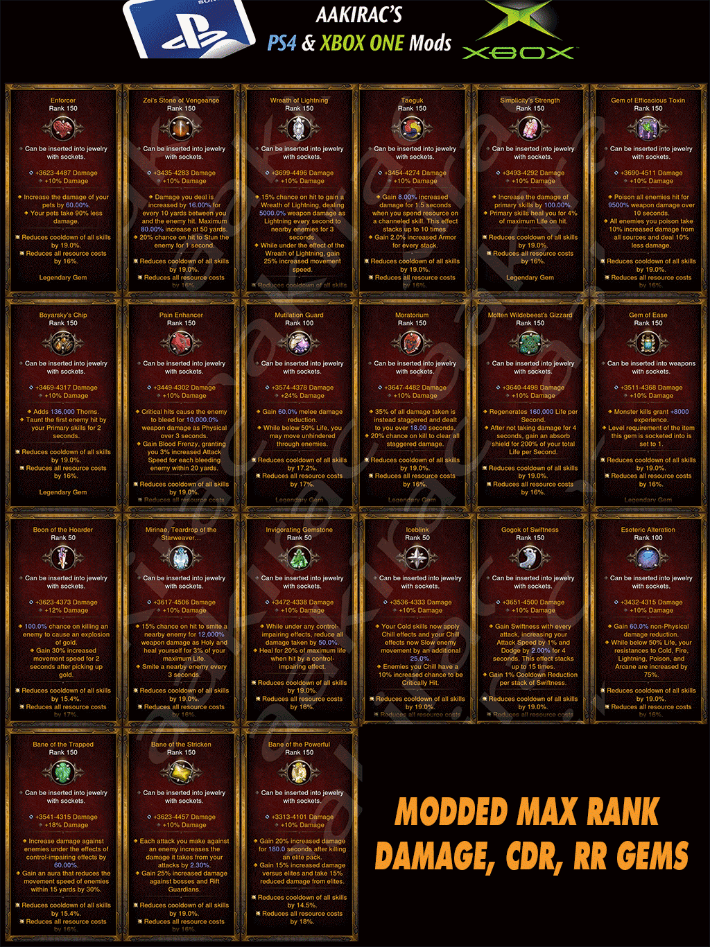 Legendary Gems (Max Rank, MODDED with ONLY CDR, RR, Damage) Diablo 3 Mods ROS Seasonal and Non Seasonal Save Mod - Modded Items and Gear - Hacks - Cheats - Trainers for Playstation 4 - Playstation 5 - Nintendo Switch - Xbox One