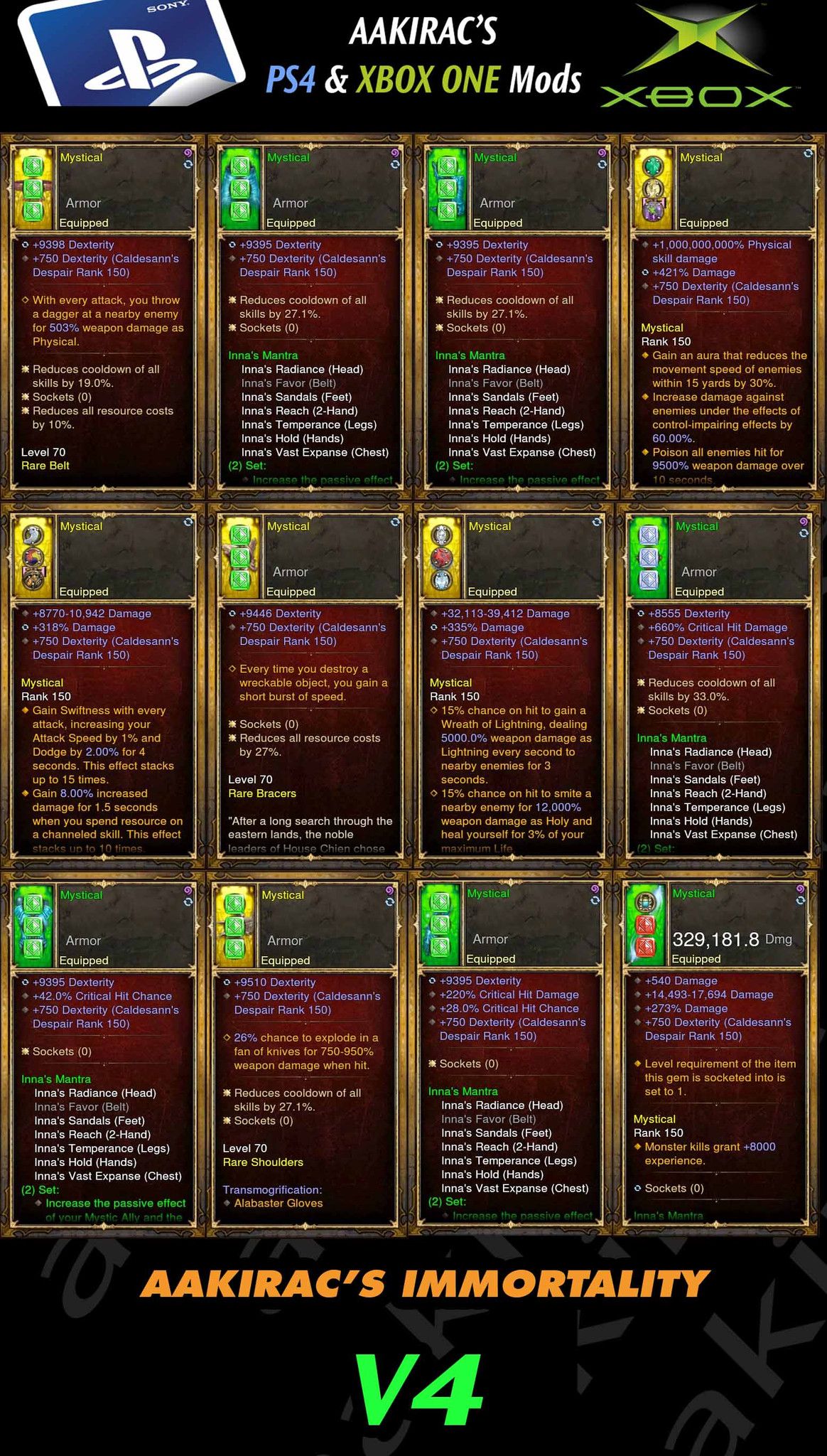 Diablo 3 Immortal v4 Inna's Monk Modded Set for Rift 150 Mystical Diablo 3 Mods ROS Seasonal and Non Seasonal Save Mod - Modded Items and Gear - Hacks - Cheats - Trainers for Playstation 4 - Playstation 5 - Nintendo Switch - Xbox One
